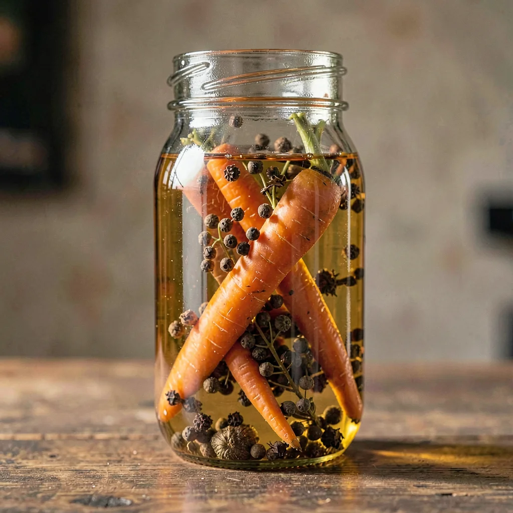 Vertical still life of a tall mason jar of fermented carrots with peppercorns su