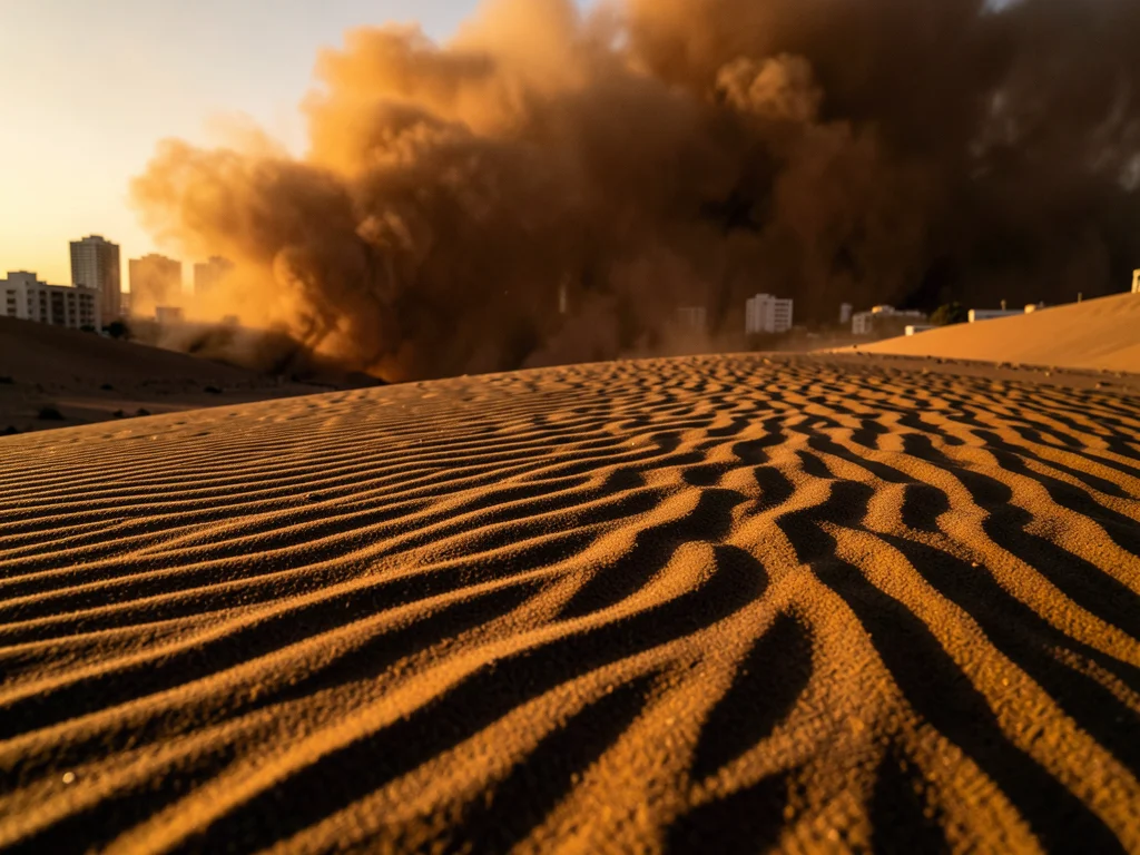 Haboob dust wall approaching a city skyline, massive brown wall of sand