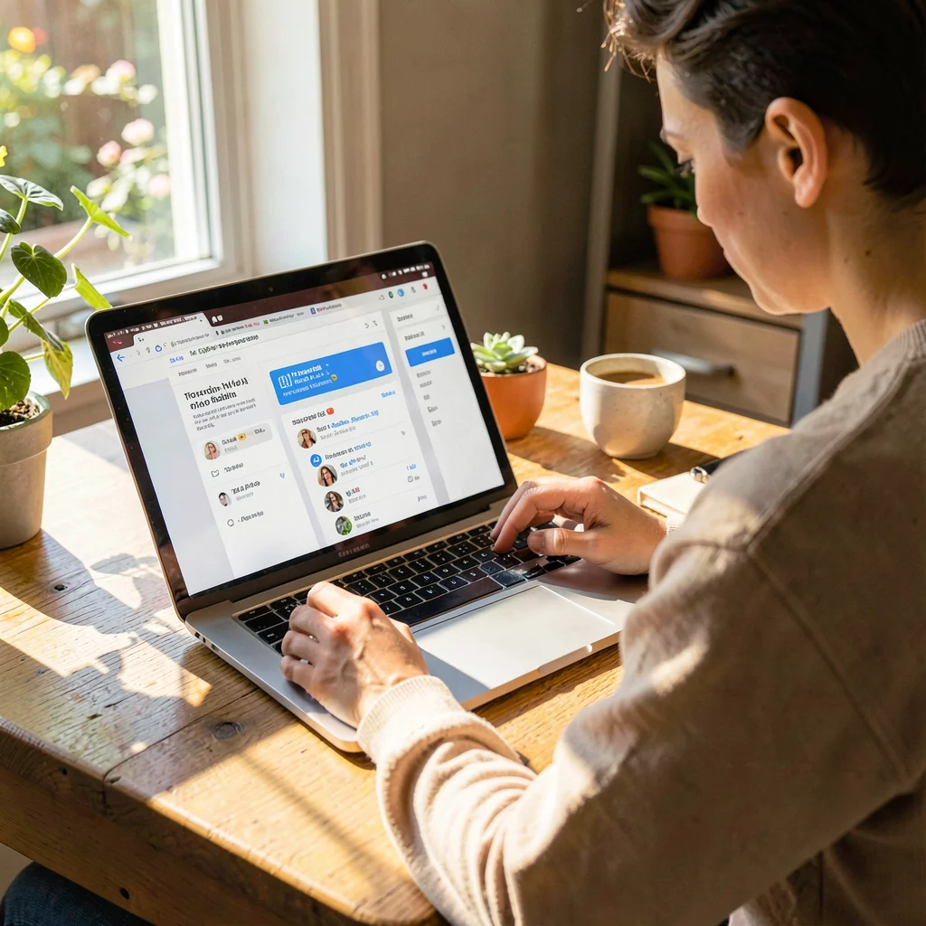 Lifestyle product photograph, Customer leaving product review on laptop, authent