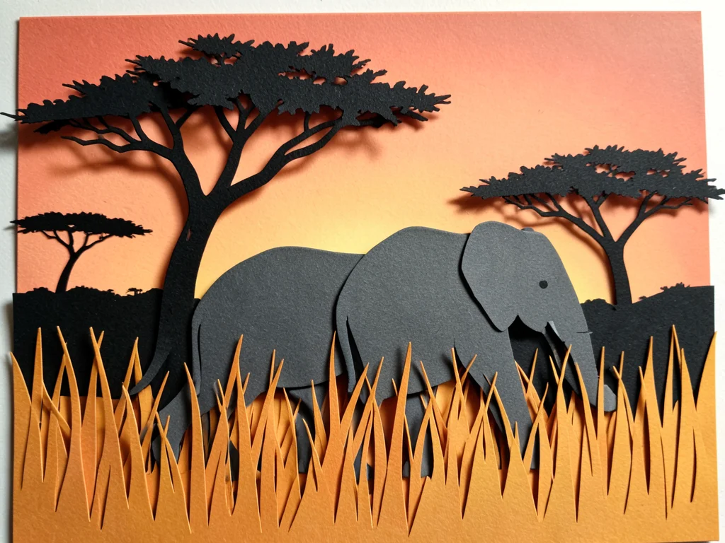 A safari scene: sunset gradient behind, acacia tree silhouettes in black, elepha