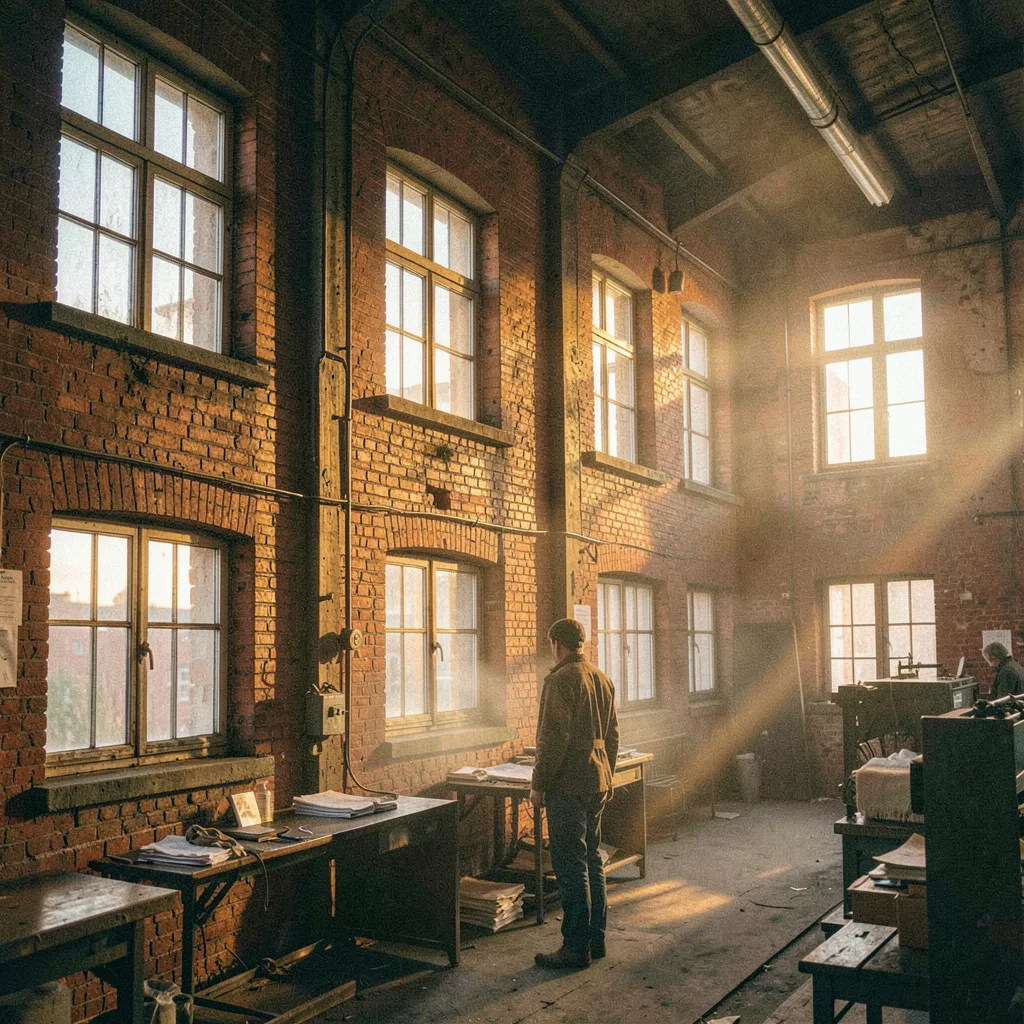 Textile factory ghosts in industrial Łódź, worker dormitory windows catching gol