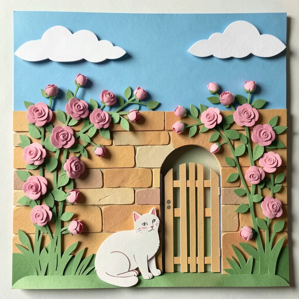 A spring garden: blue sky with white clouds behind, a garden wall in warm stone 