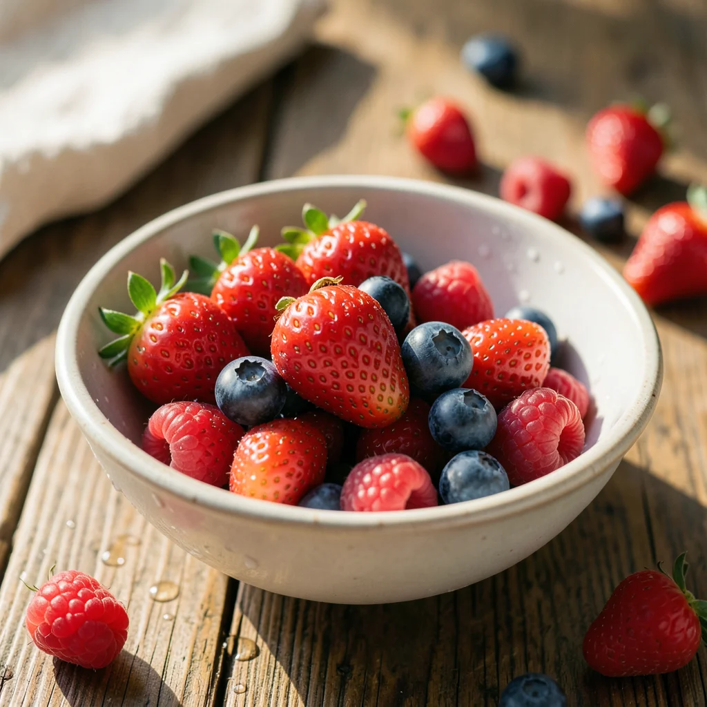 Bowl of fresh berries — strawberries, blueberries, raspberries — with morning li