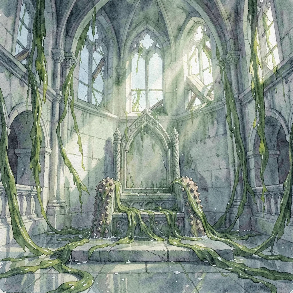 A flooded throne room interior, kelp ribbons drifting around a barnacled stone s