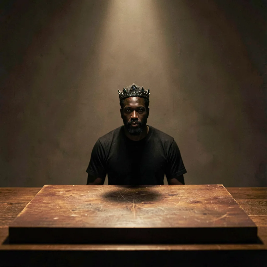 Lamplit portrait of a black king alone on an empty board square at center, rakin