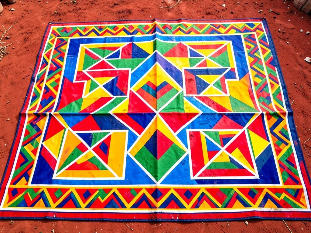 Ceremonial blanket with geometric border spread on red soil