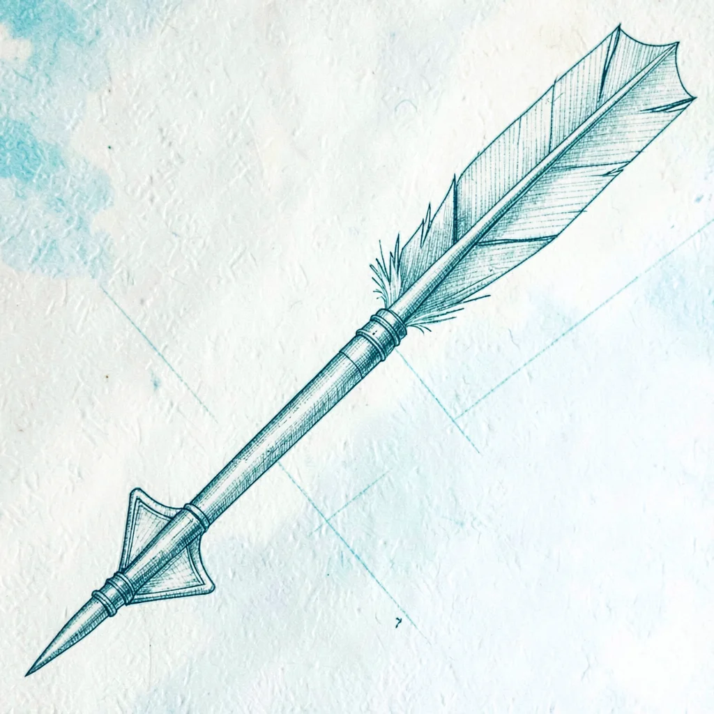 Detail drawing of an arrow shaft and broadhead in fine ivory hatching on cyan, h