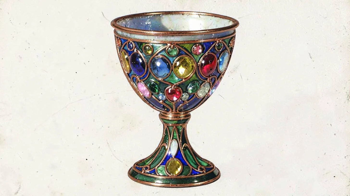 Cloisonné enamel illustration, chalice with jewels , copper wire outlines, glass