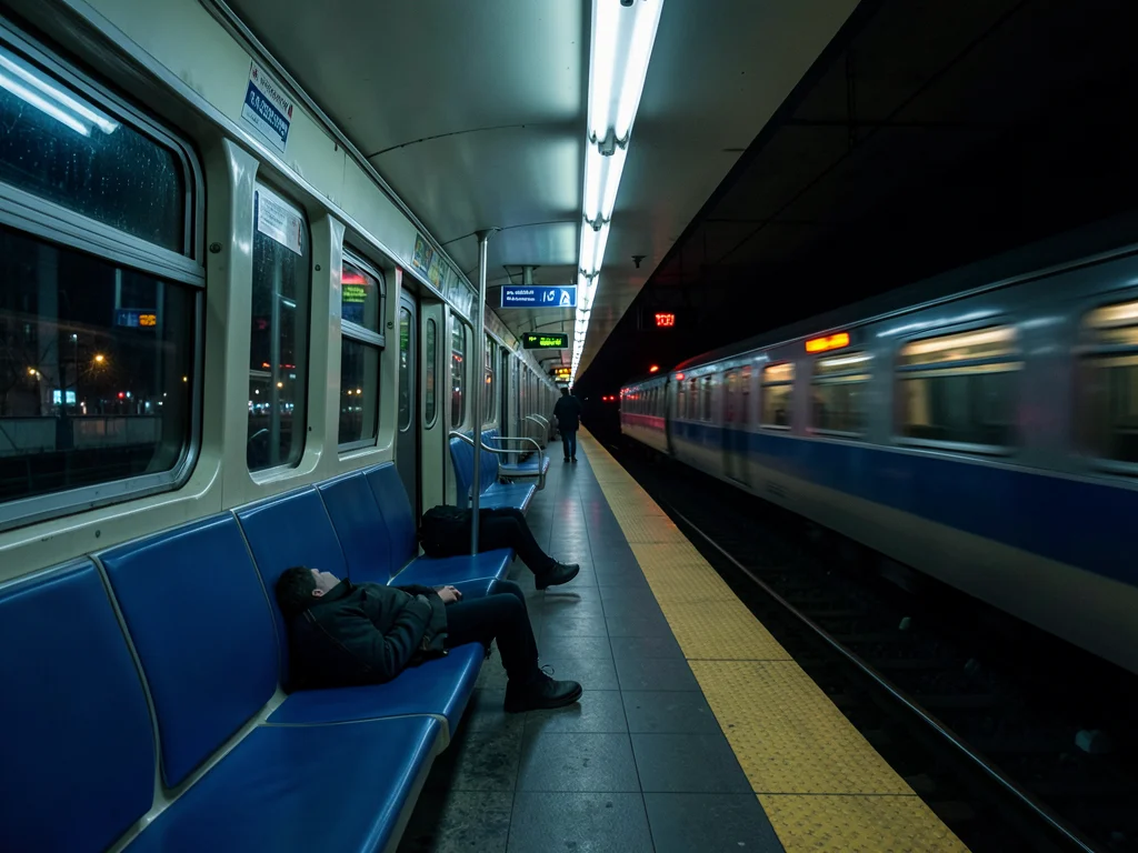 An empty late-night train car: blue seats, fluorescent light, a single sleeping 