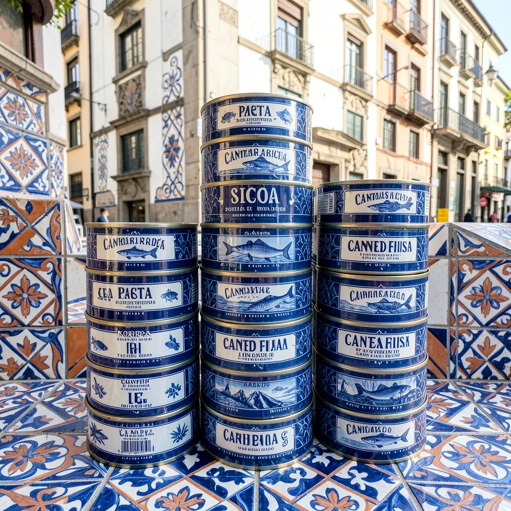Azulejo tile geometry, Portuguese ceramic culture, Canned fish tins stacked in g