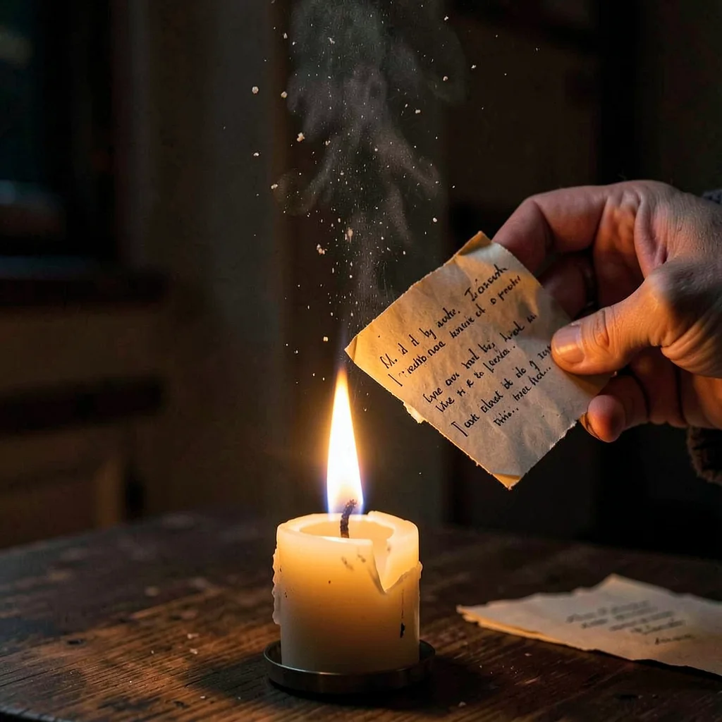 Someone burning old love letters one by one over a candle flame, reading the las