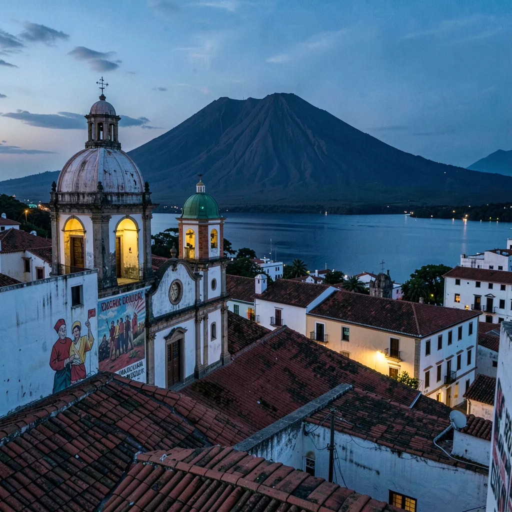 Colonial color against volcano in Granada, Nicaragua, Rooftop view of colonial G