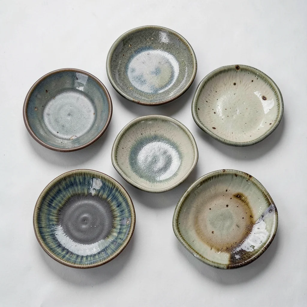 An overhead arrangement of five ceramic side plates, each with a different ash g