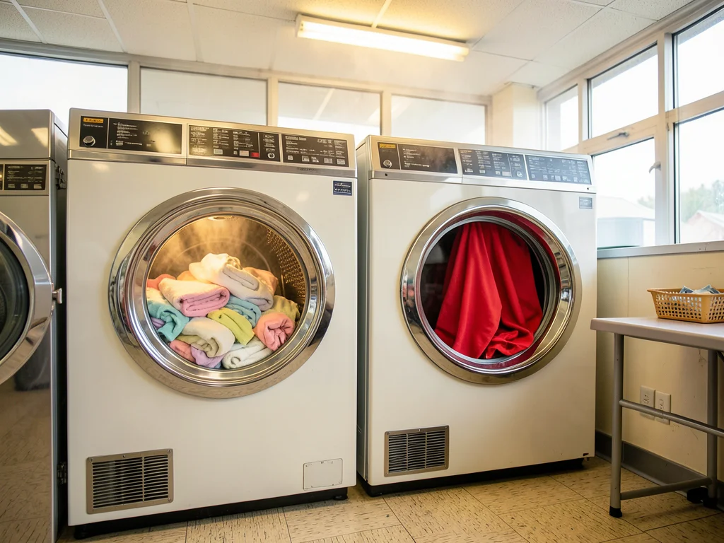 Two dryers side by side with their round windows showing different loads — one w
