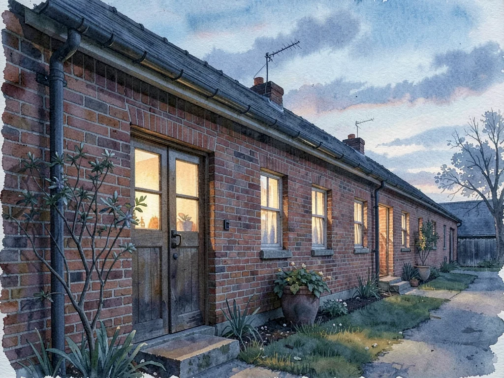 Atmospheric watercolor of a coop-housing brick row at dusk, warm window glow aga