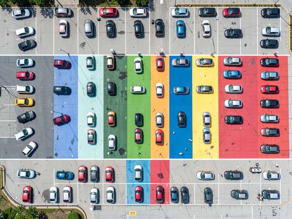 Airport rental car lot, vehicles sorted by color into rainbow sections
