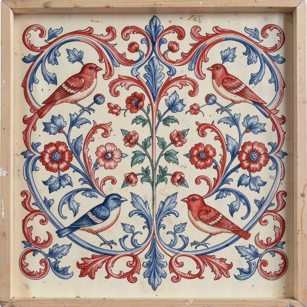 Scandinavian rosemaling illustration, birds and flowers in symmetrical arrangeme