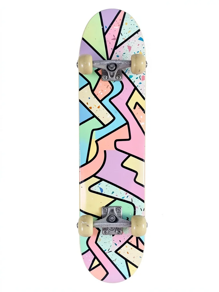 Skateboard Memphis treatment, deck with clashing patterns, geometric truck cover
