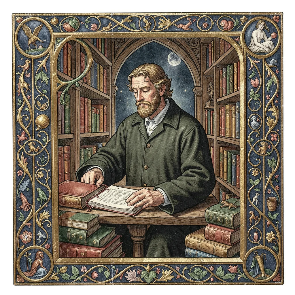 A scholar surrounded by ancient tomes