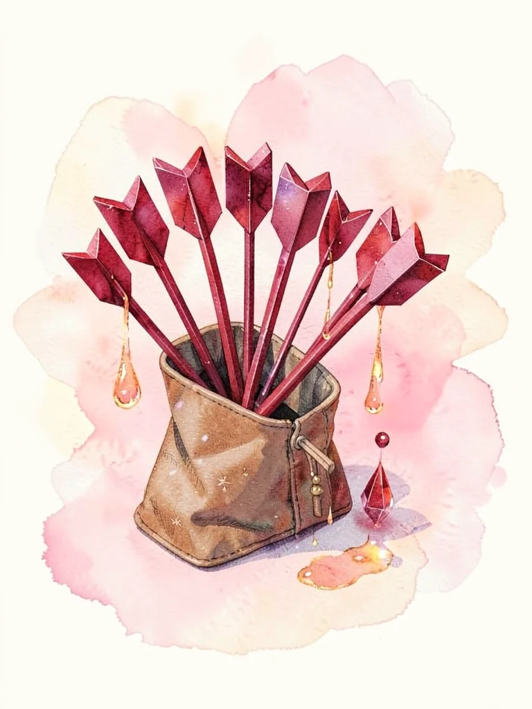 Cluster of ruby-red lowpoly arrows fanned in a quiver with crimson faceted tips 