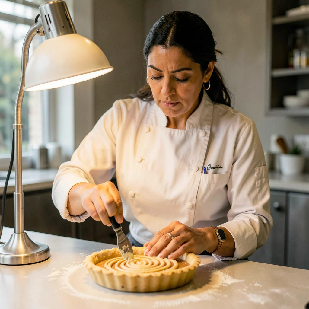 A focused Latina pastry sous-chef in her thirties piping a spiral around a tart 