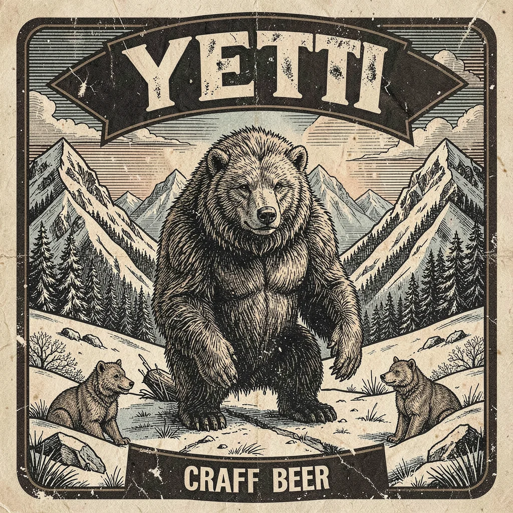 Craft beer label illustration, Yeti in snowy mountain scene , brewery label aest