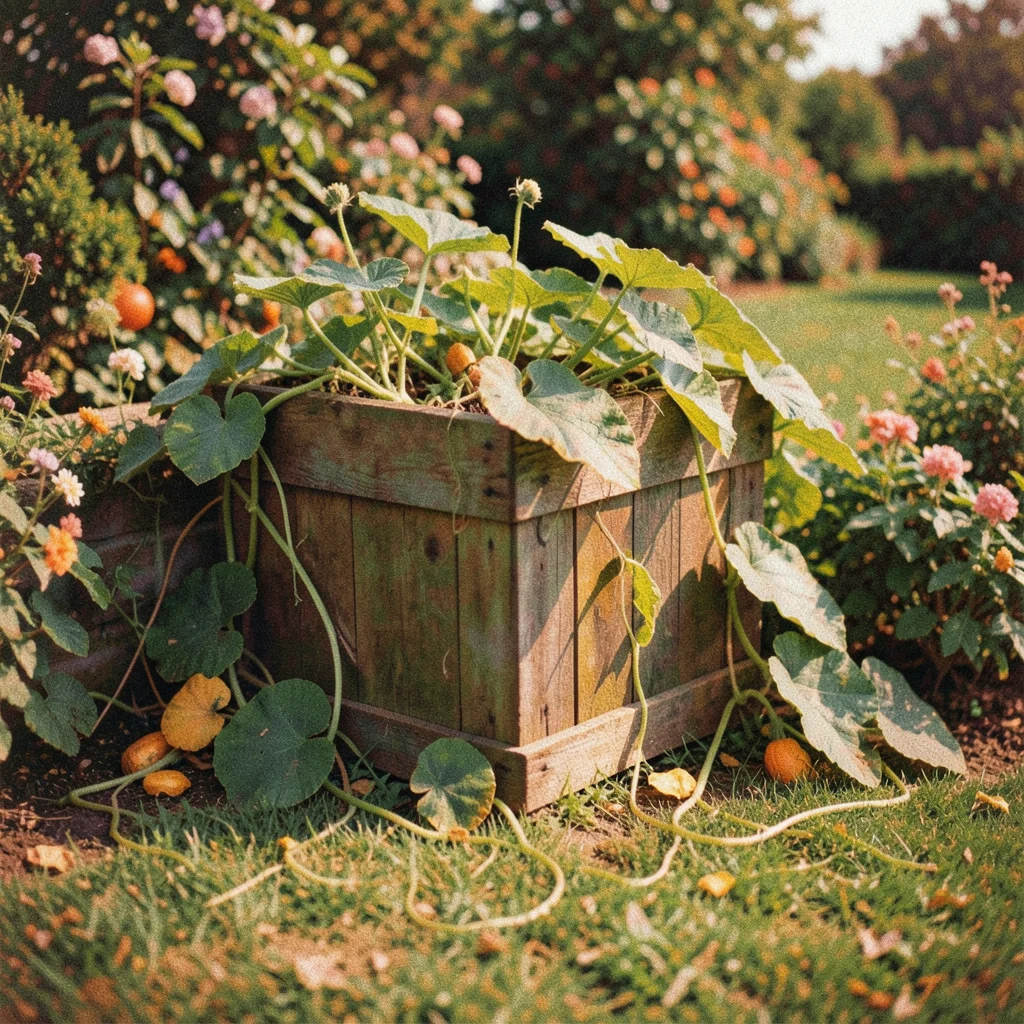 A compost bin in the corner of a garden with squash vines growing out of the top