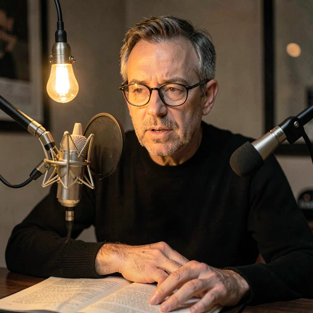 Portrait of a narrator at a condenser mic with reading glasses, warm pendant glo