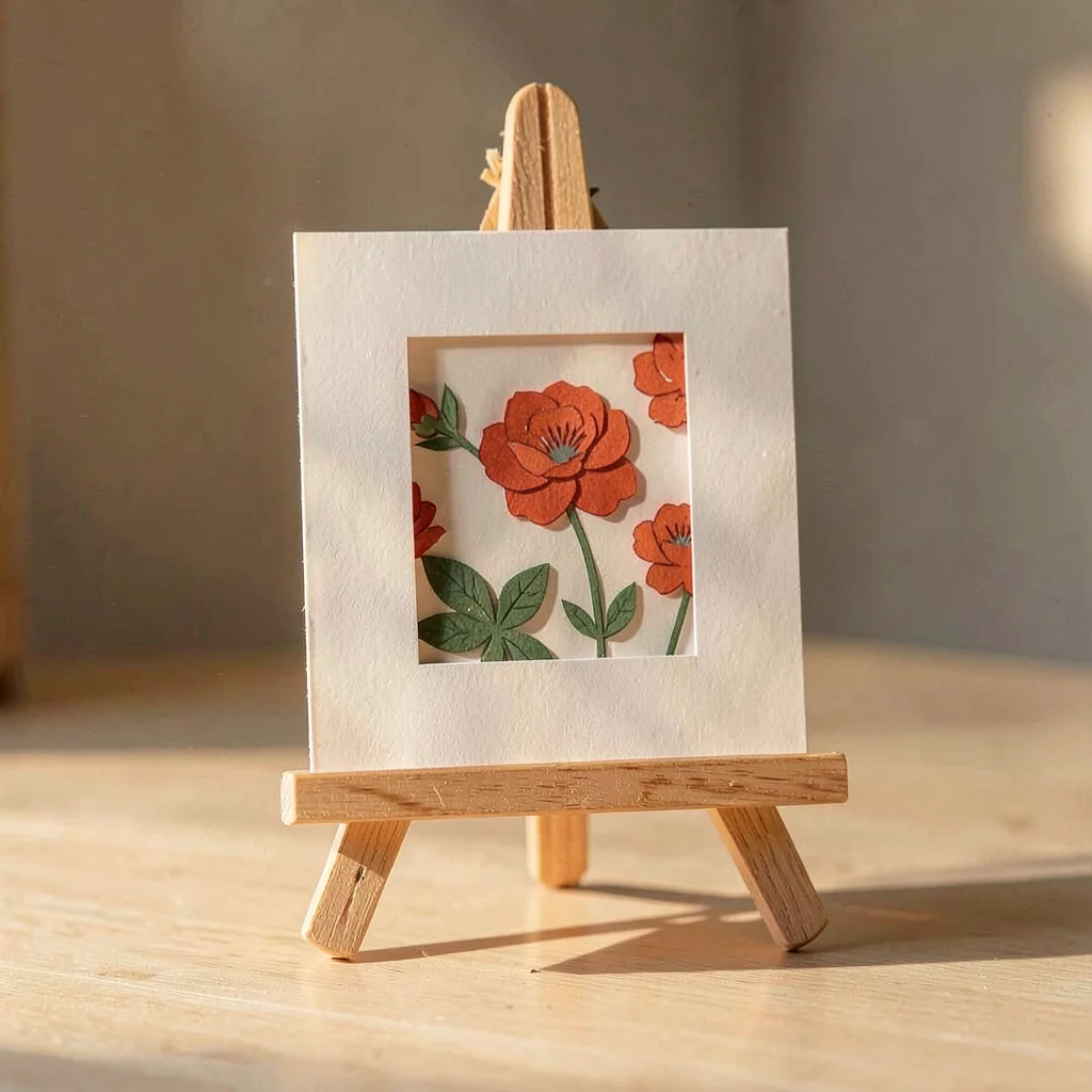 Papercraft ig-tile of a small paper-cut print on a paper-cut easel, soft warm sh