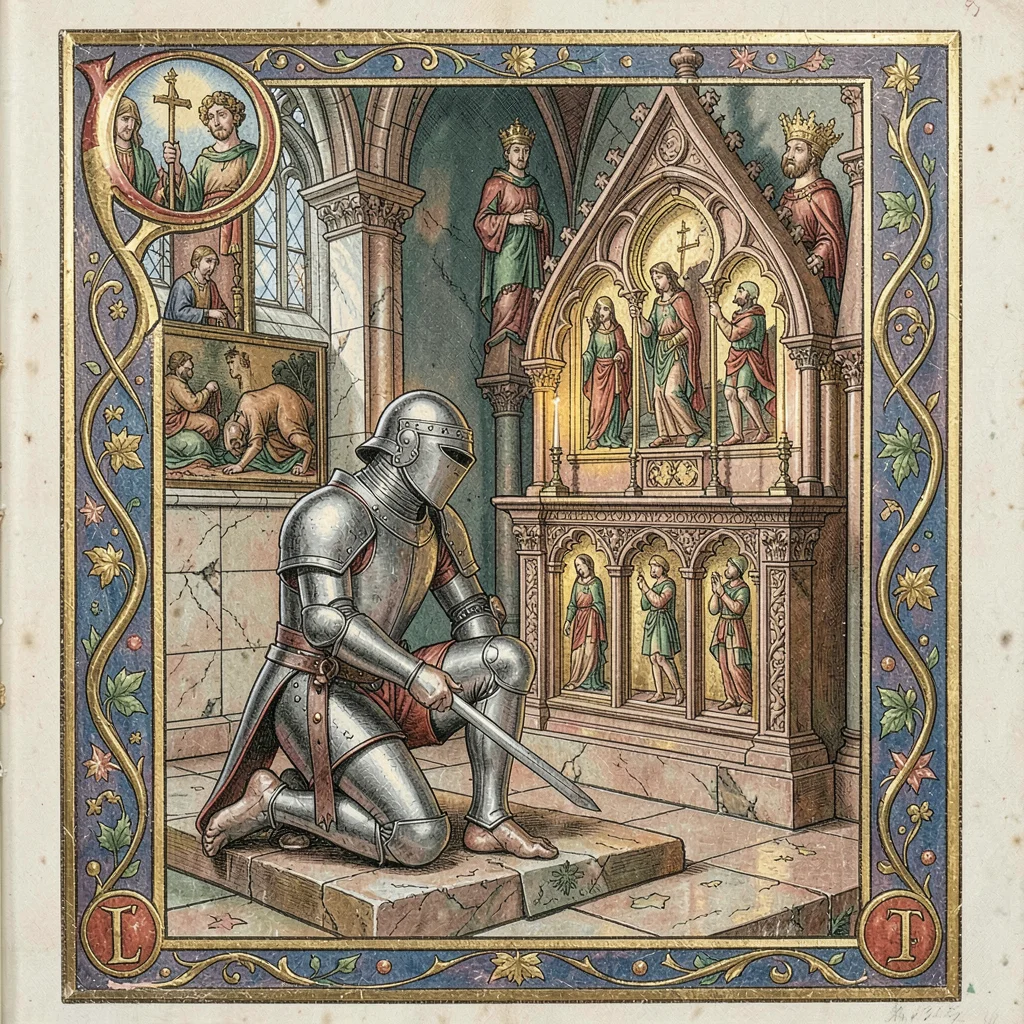 A knight kneeling before an altar