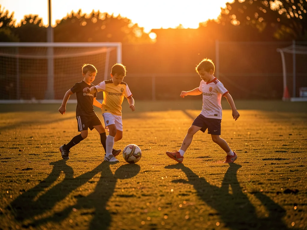 Children playing soccer in evening light