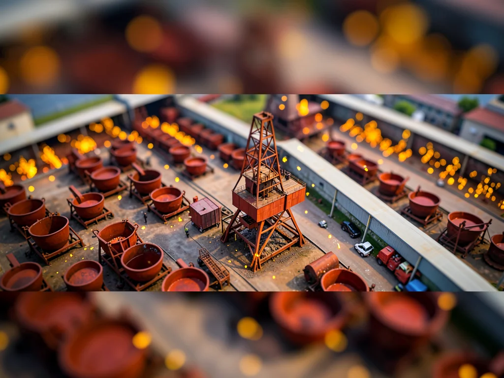 Furnace-deck tilt-shift photograph of a steel mill yard, saturated rust-red ladl