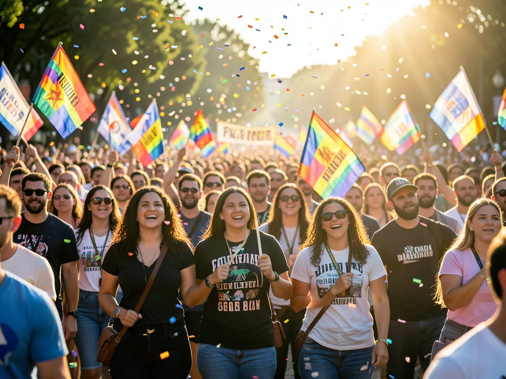 Crowd marching in pride parade with banners and flags, confetti falling, sunny