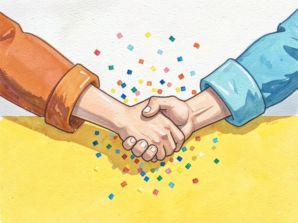 Two friends mid-handshake across a flat lemon-yellow table, sleeves rolled up, c