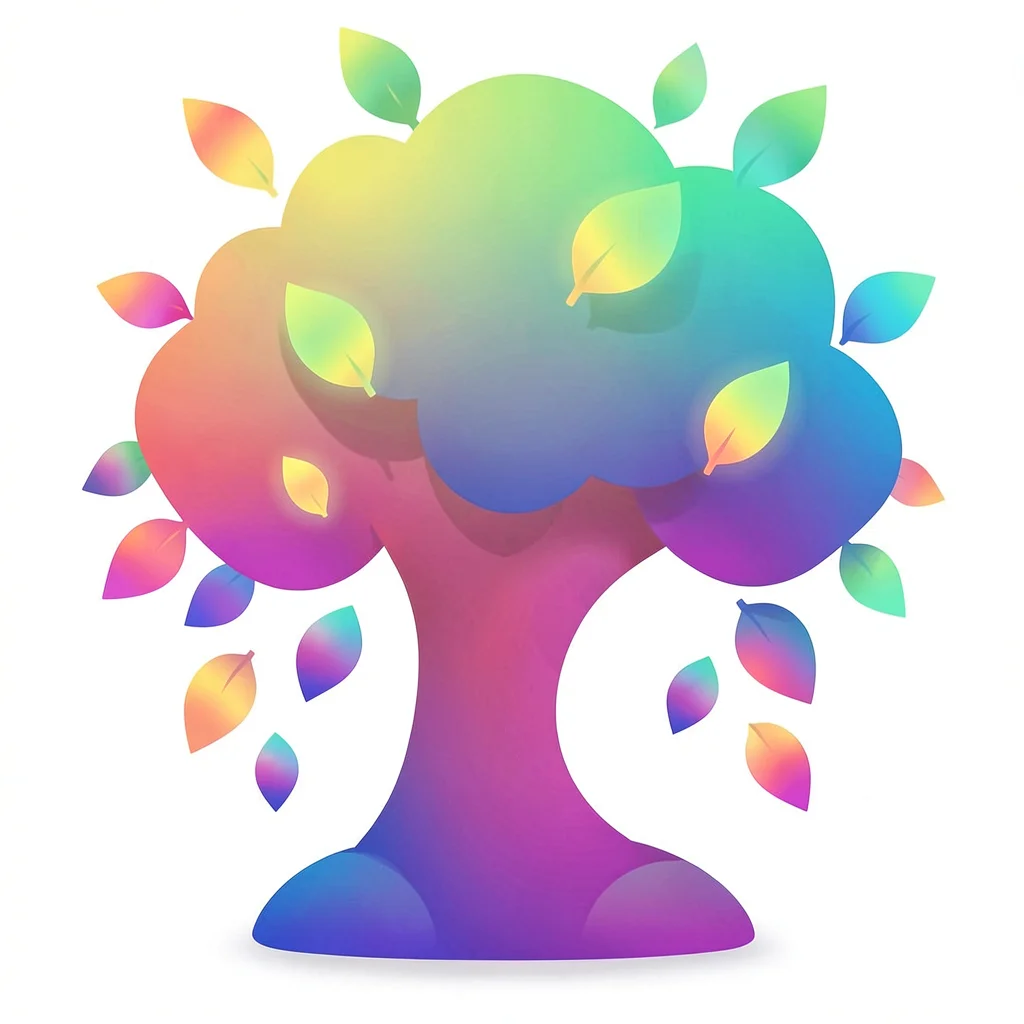 Organic blob gradient illustration, tree with gradient leaves falling , soft rou
