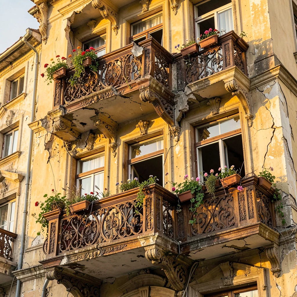 Crumbling Art Nouveau balconies in golden Tbilisi light, ornate balcony with flo