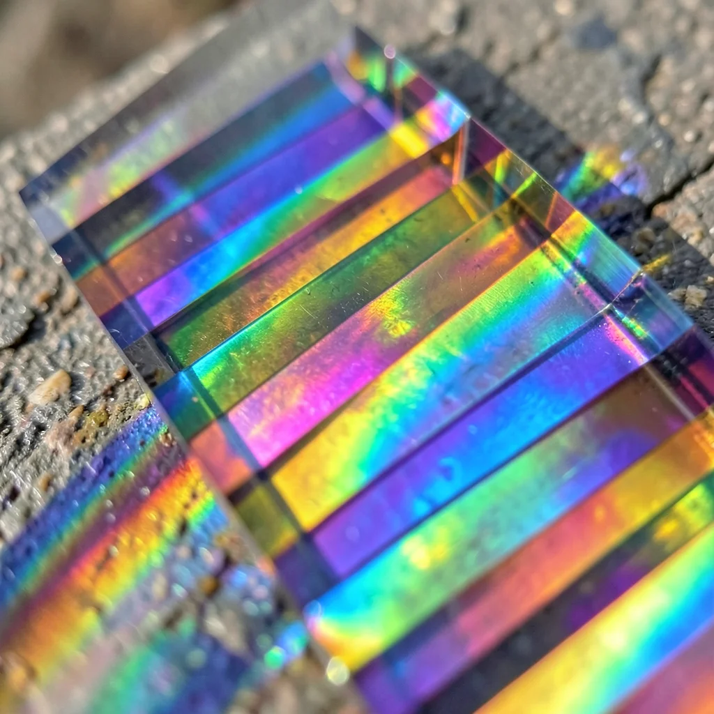 Bismuth crystal oxidation closeup, staircase surfaces each a different interfere