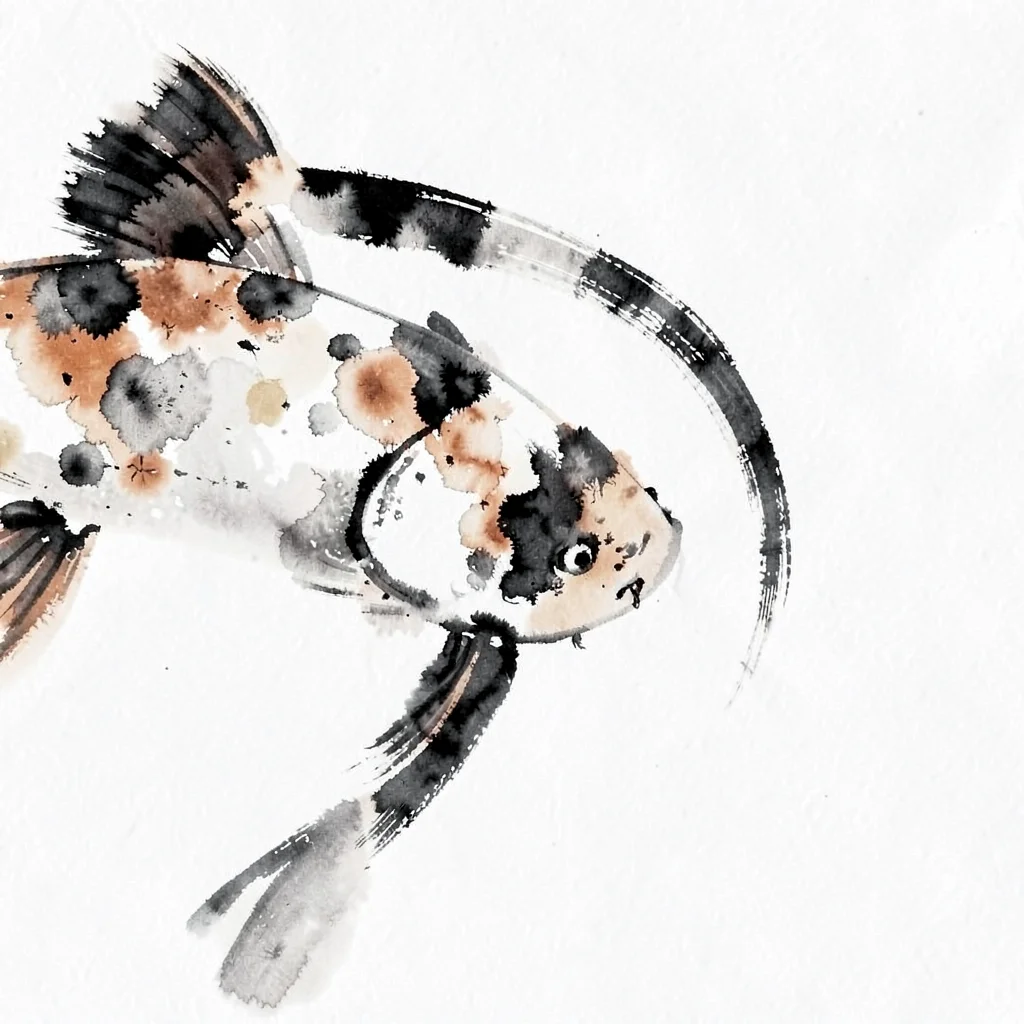 Close-up of a koi fish, one curving stroke of ink with pale tonal wash