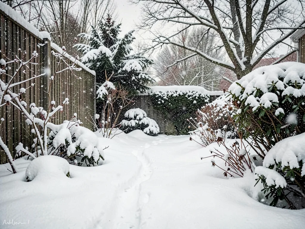 First snow on garden, summer plants surprised, the abrupt seasonal end