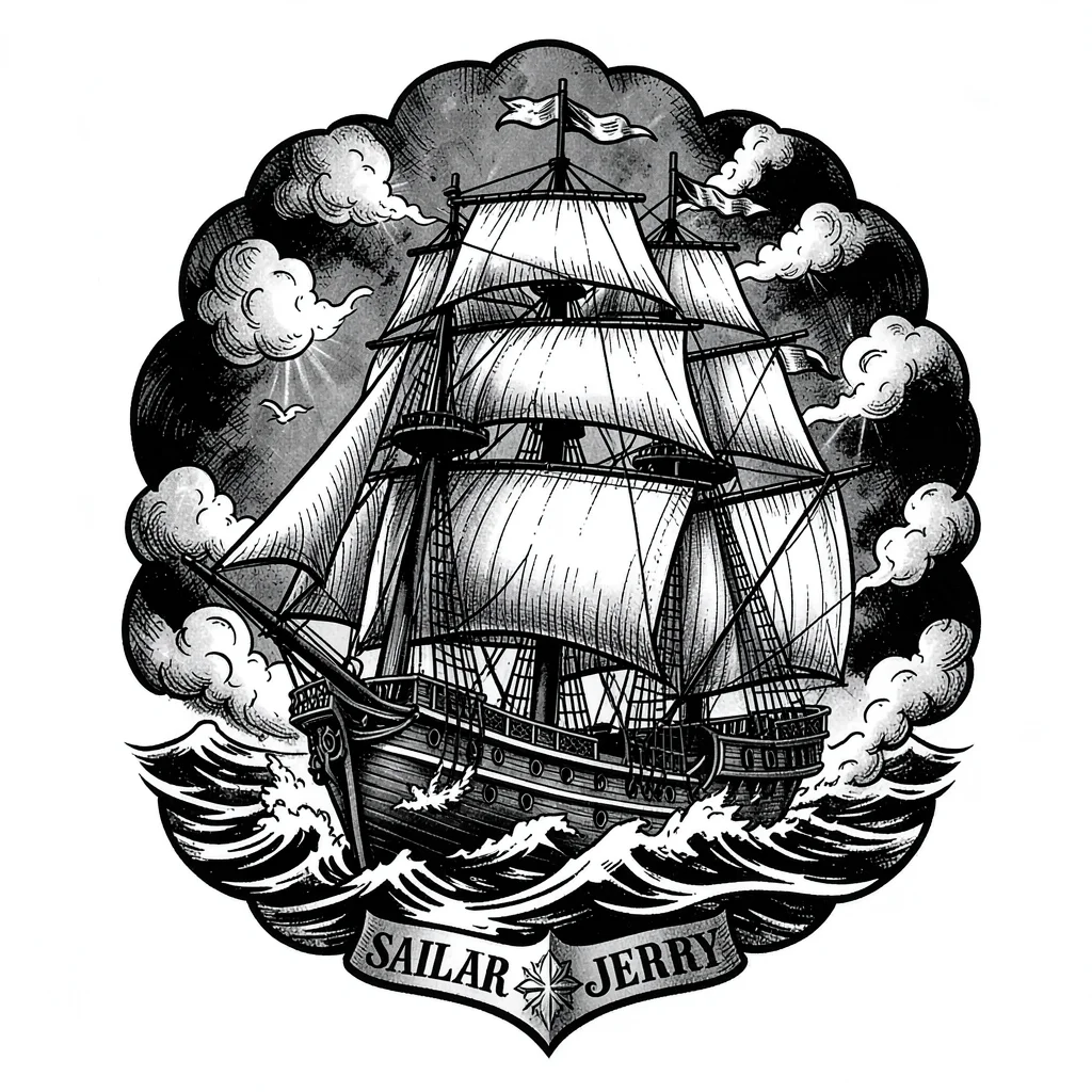 Traditional tattoo flash illustration, Clipper ship with full sails on stormy se