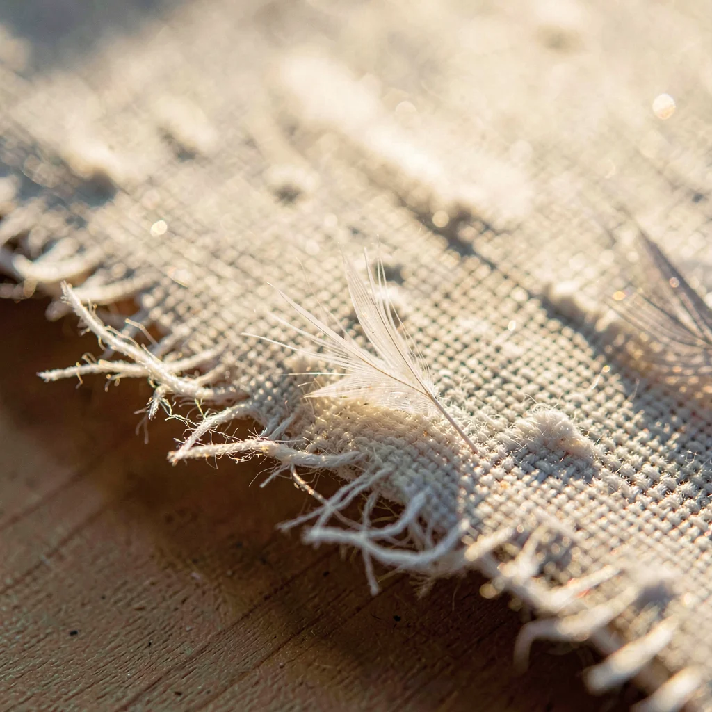 Macro study of a deckled cotton-rag print edge with feathered fibers catching ba