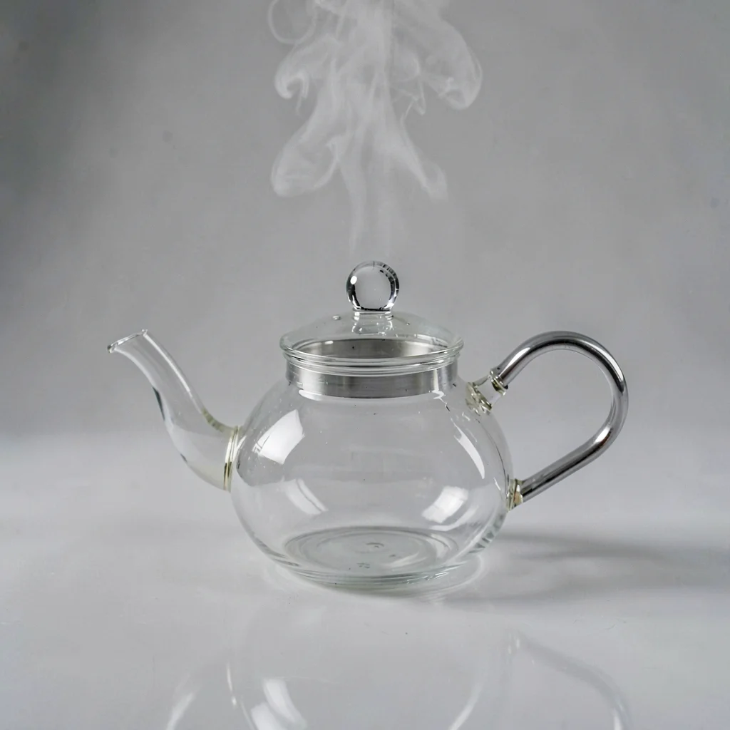 Steaming glass teapot on a polished pale-grey surface, soft directional studio k