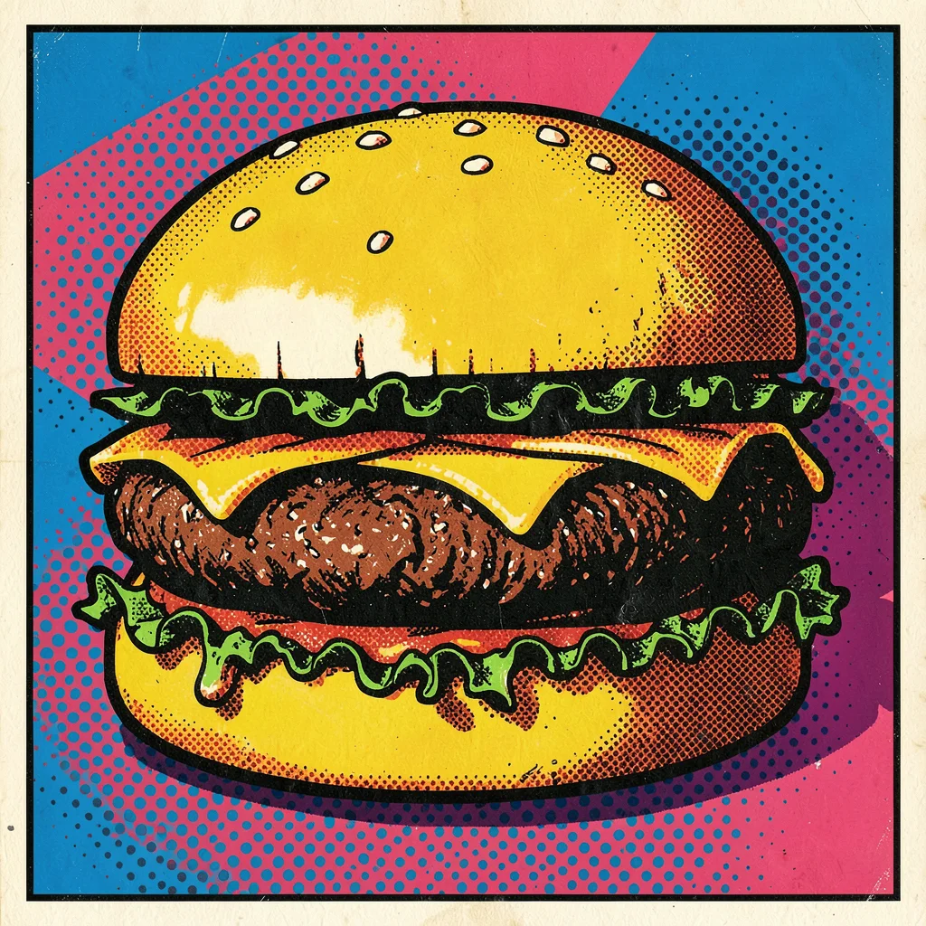 Hamburger in bold close-up, primary color fills, large Ben-Day dots in shadow ar