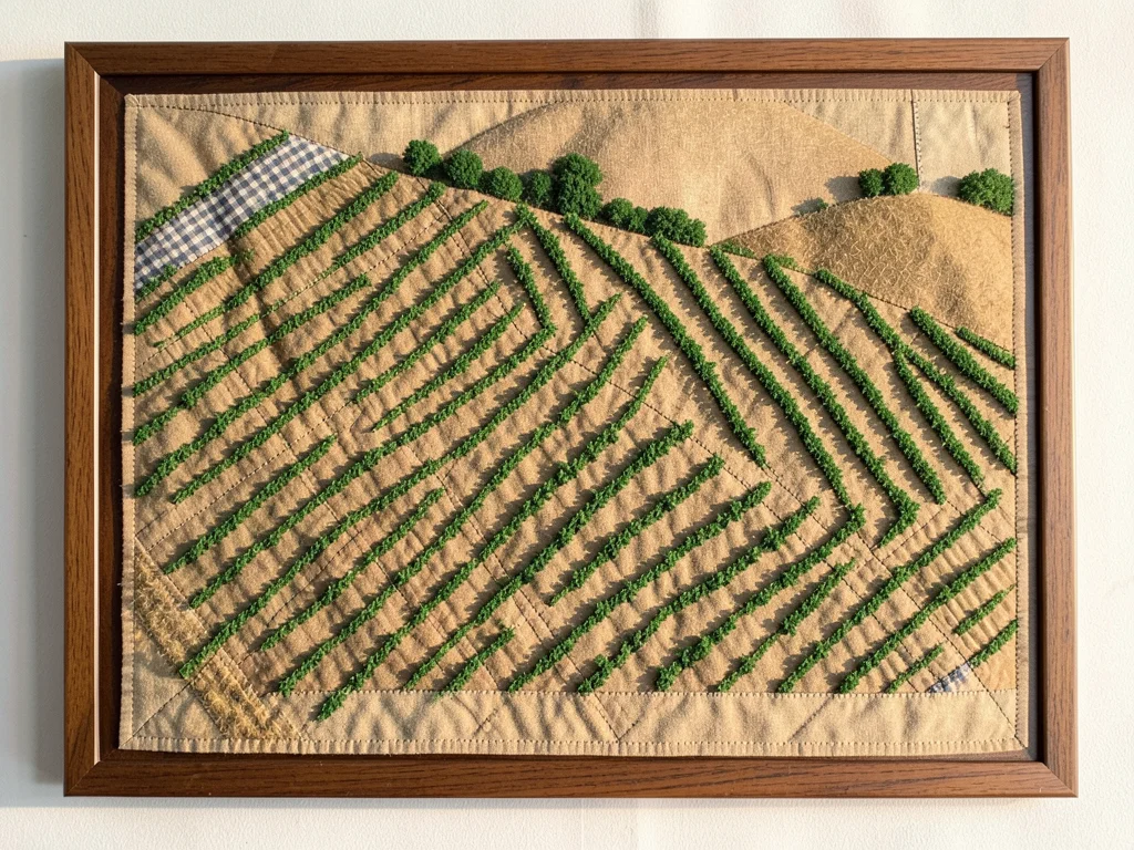 A vineyard from above with precise rows of green stitching on tan linen hillside