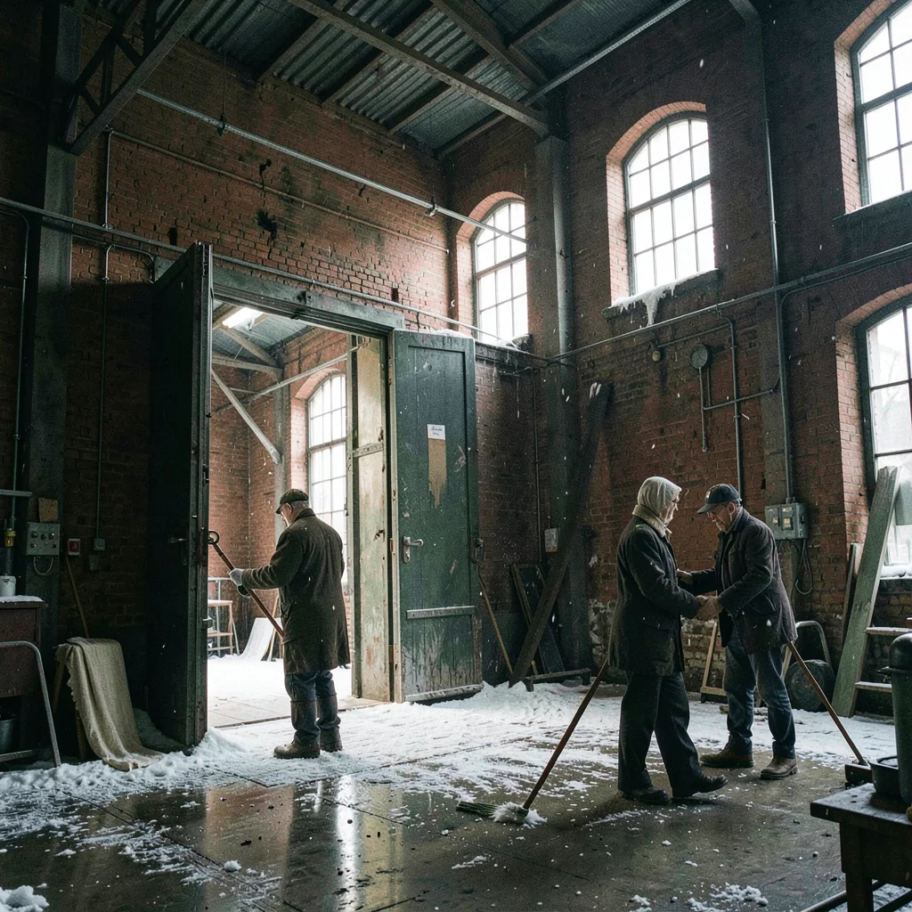 Textile factory ghosts in industrial Łódź, loading dock doors half-open, snow dr