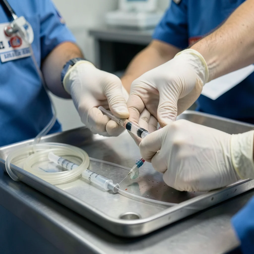 EMT hands preparing IV line — close-up of gloved hands with syringe and tubing o