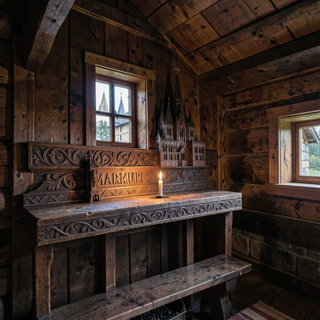Maramures wooden craft, hand-carved church detail, Dark wooden interior of a vil