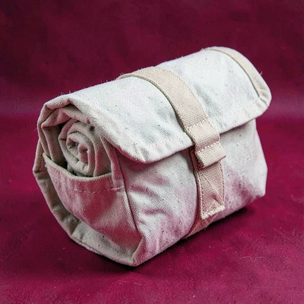 single rolled-up canvas travel-toiletry kit at three-quarter angle on a saturate