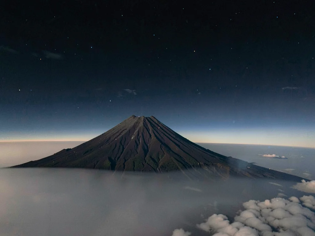 Volcanic peak rising above inversion layer into clear dark upper atmosphere
