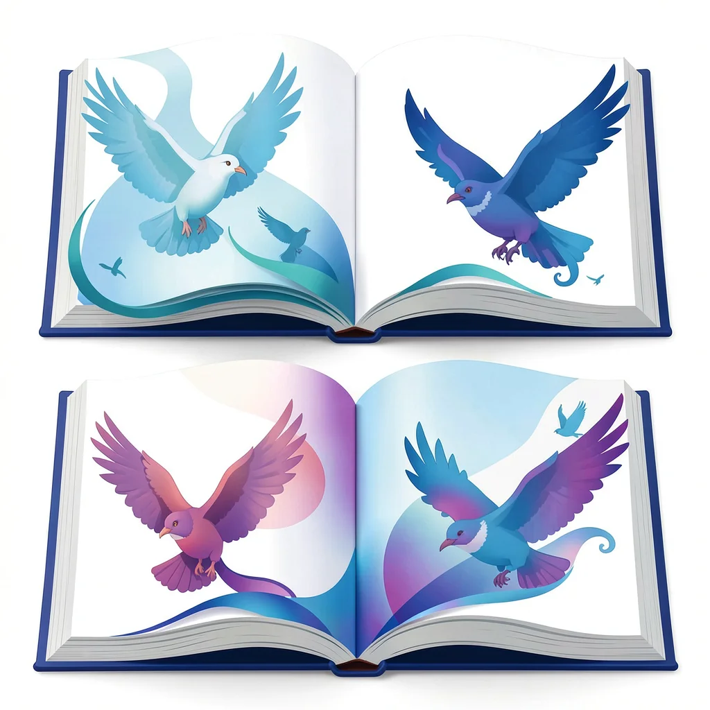 Morphing vector illustration, book pages becoming birds , smooth vector gradient